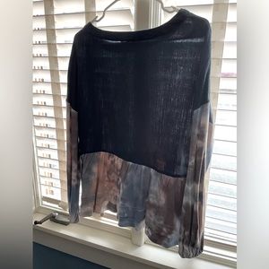 New without tags cute navy shirt with tan and blue tie dye accents